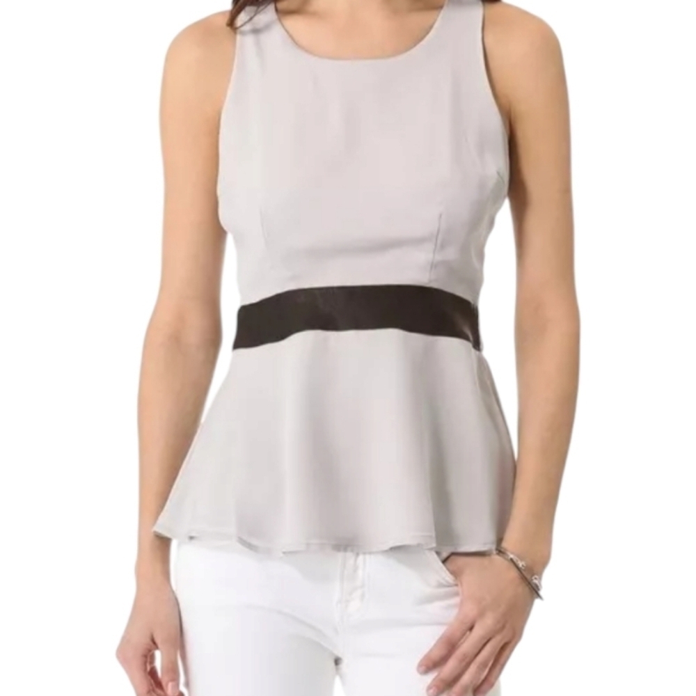 PJK Grey Leather Accented Sleeveless Peplum Style Blouse Sz S